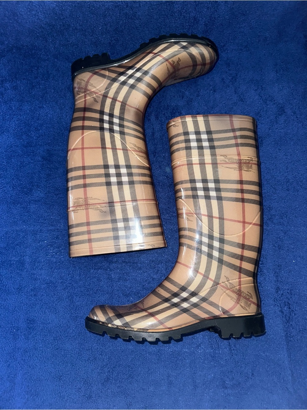 Burberry Haymarket Plaid Check Rain Tall Boots Brown Women's Size 39 US 8 - Picture 2 of 6
